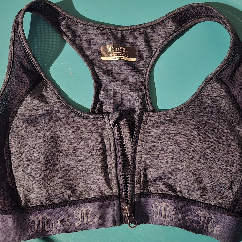 Miss Me Blue and Gray Sports Bra with Racerback Design and Zipper Closure